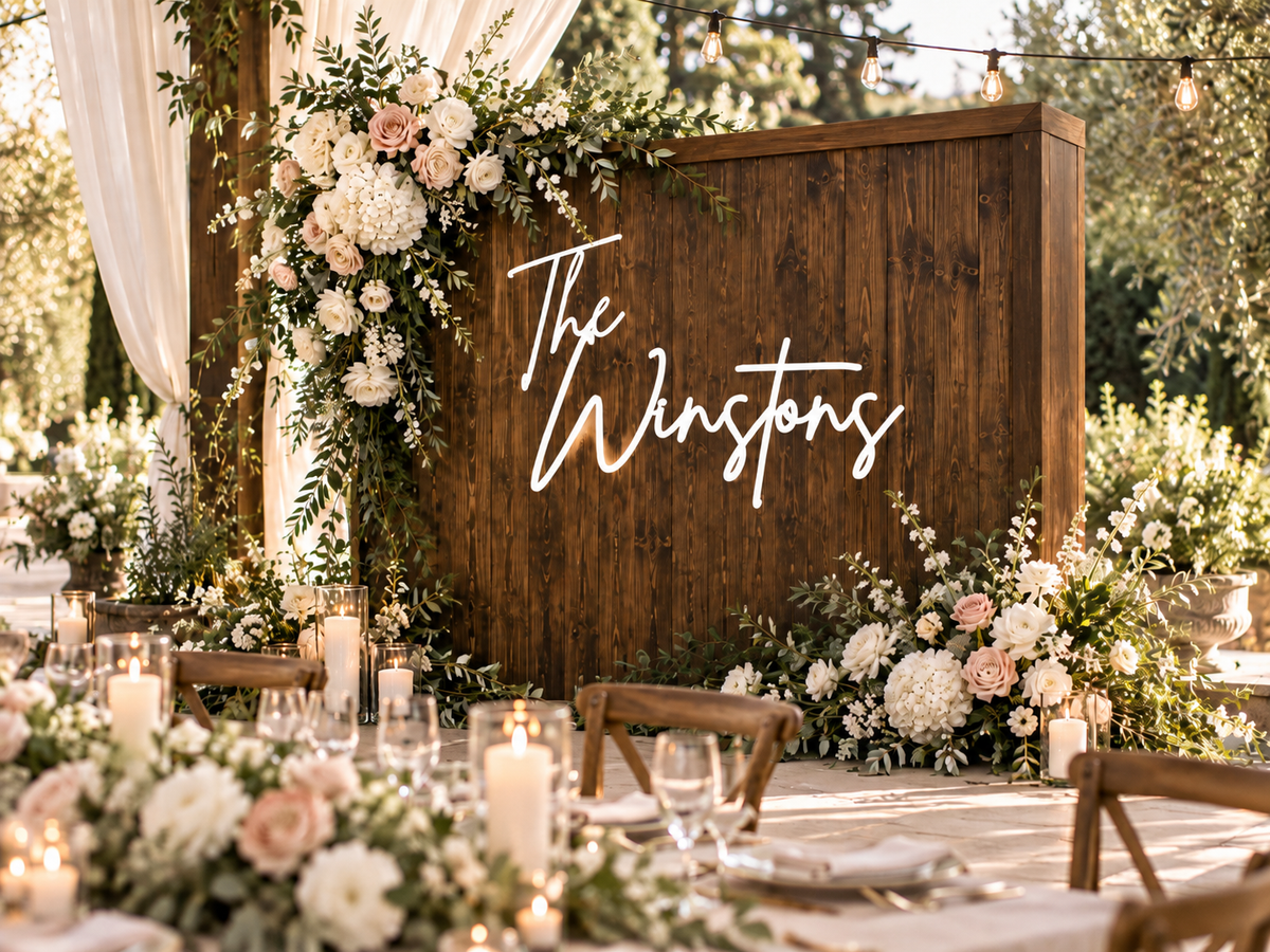 indoor outdoor wedding backdrop featuring a rustic dark wood sign reading 'The winstons' in white script, decorated with lush greenery and pink and white floral arrangements, set above a dining table with candles and glassware.