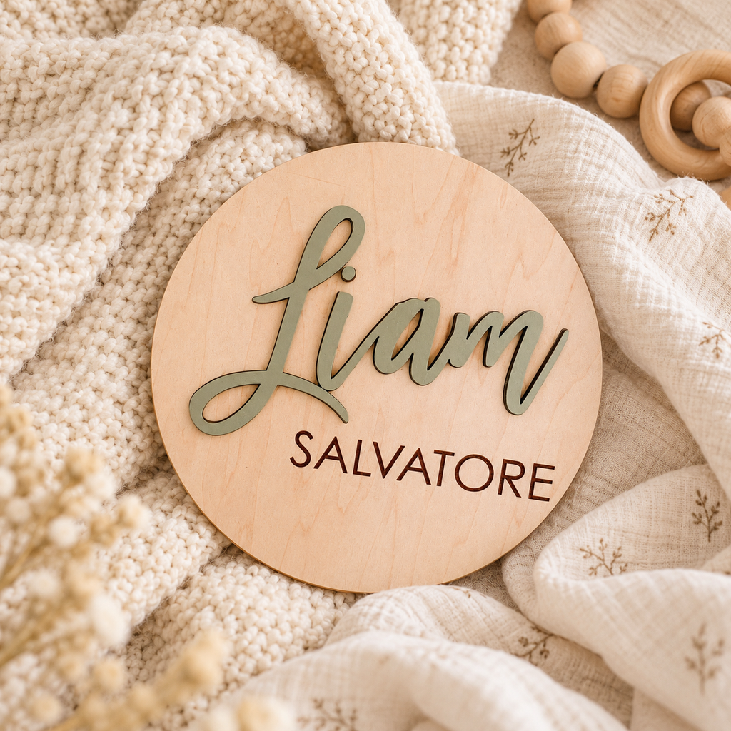 A round wooden name plaque with the name 'Liam' in green script and 'SALVATORE' in dark brown text, styled on a cream knit blanket with a wooden bead teether nearby.
