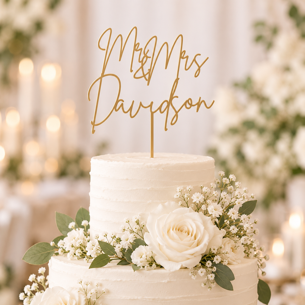 A two-tier white wedding cake decorated with white roses, baby's breath, and green leaves, topped with a gold 'Mr. & Mrs.